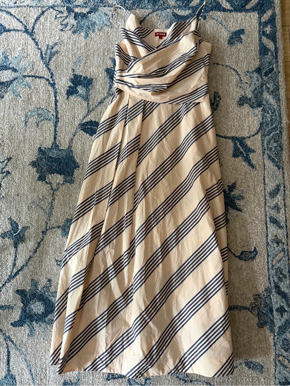 STAUD Beige and Navy Striped Maxi Dress